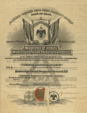 Honorary 33° certificate issued to Athanasius Colo Veloni