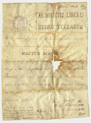 Traveling Master Mason certificate issued by St. John's Lodge, No. 1, to Josiah Foster Flagg, 1849 February 1