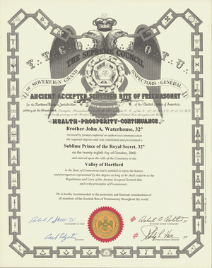 32° certificate issued by the Valley of Hartford to John A. Waterhouse, 2000 October 28
