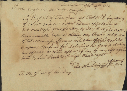 Report from Fort No. 2 (Dorchester Heights), 1776 November 19