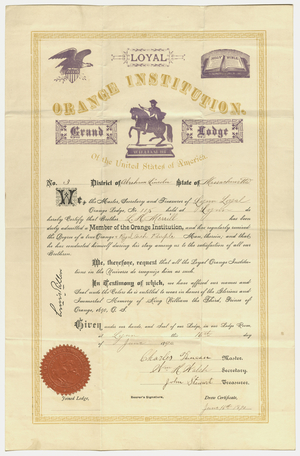 Membership certificate issued by Lynn Loyal Orange Lodge, No. 115, to L. H. Merrill, 1890 June 16