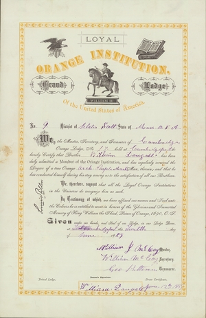 Membership certificate issued by Cambridge True Blue Orange Lodge, No. 17, to William Dougall, 1889 June 12