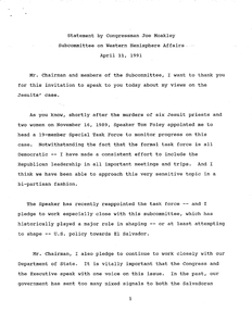 Statement by John Joseph Moakley before the Subcommittee on Western Hemisphere Affairs regarding the Jesuit murder case and U.S. policy towards El Salvador, 11 April 1991