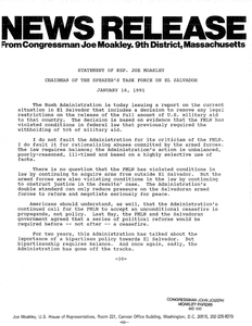 John Joseph Moakley news release regarding Frente Farabundo Marti para la Liberacion Nacional (FMLN) and military aid from the U.S., 16 January 1991