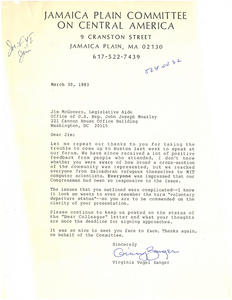 Letter from Virginia Zanger (of the Jamaica Plain Committee on Central America) to Jim McGovern thanking him for speaking at a recent forum and for offering to send a "Dear Colleague" letter about El Salvador