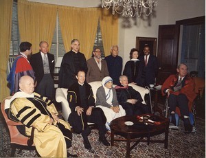 Harvard commencement: J. Donald Monan receiving honorary degree with Mother Teresa and Derek C. Bok