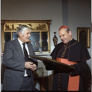 Cardinal Tomas O'Fiaich, Catholic Primate of all Ireland, receiving gold disc from Outlet Records boss Billy McBurney (record of Pope's visit to Ireland, 1979) and Cel Fay, recording engineer for Outlet