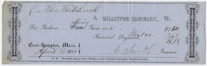 Edward Hitchcock receipt of payment to Williston Seminary, 1852 April 24