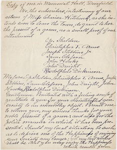 Letter to Charissa Hitchcock concerning the gift of a gown and her reply, manuscript copy