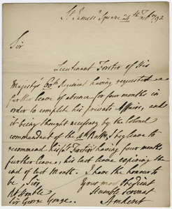 Jeffery Amherst letter to Sir George Yonge, 1792 February 4
