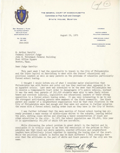 Letter from Raymond Flynn, Massachusetts State Representative, to Judge W. Arthur Garrity, 1975 August 29