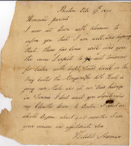 Letter From Hatsuld Freeman to his parents, October 27, 1812
