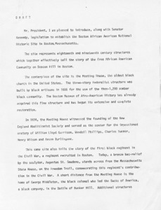 Draft of speech introducing legislation to establish the Boston African American National Historic Site in Boston, Massachusetts