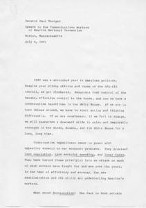 Senator Paul Tsongas Speech to the Communications Workers of America National Convention, Boston, Massachusetts