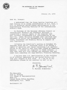 Letter to Mr. Tsongas, from W. Michael Blumenthal