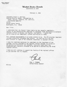 Form letter to Honorable Ernest F. Hollings and others regarding the Federal Trade Commission's request to reprogram funds designated to maintain regional offices in Boston, Los Angeles and Seattle.