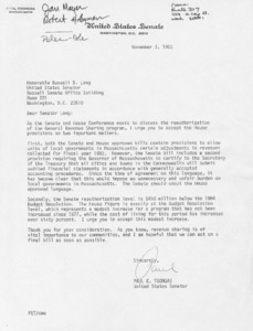 Letter to Russell B. Long from Senator Paul E. Tsongas regarding General Revenue Sharing Program