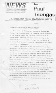 News from Paul Tsongas: Tsongas deplores action of Turkish Cypriots