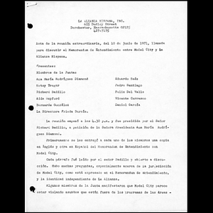 Acta de la reunion extraordinaria, del 10 de junio de 1971, llamada para discutir el Memorandums de entendimiento entra Model City y La Alianza Hispana.