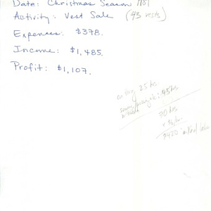 Fundraising correspondence, planning notes, announcements, and order forms regarding a holiday season sale of tapestry vests sewn by garment workers