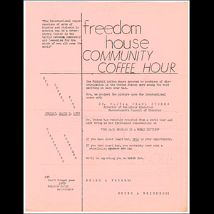 Flier advertising Freedom House Coffee Hour featuring Dr. Olivia Pearl Stokes, Director of Religious Education at the Massachusetts Council of Churches