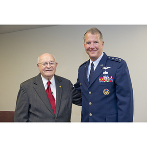 Dr. George J. Kostas and Lieutenant General Ted F. Bowlds pose together at the groundbreaking ceremony for the George J. Kostas Research Institute for Homeland Security, located on the Burlington campus of Northeastern University
