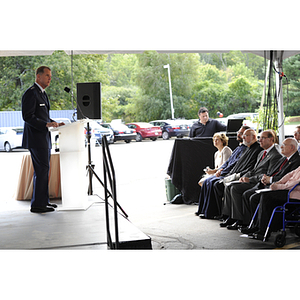 Lieutenant General Ted F. Bowlds speaks at the groundbreaking ceremony for the George J. Kostas Research Institute for Homeland Security