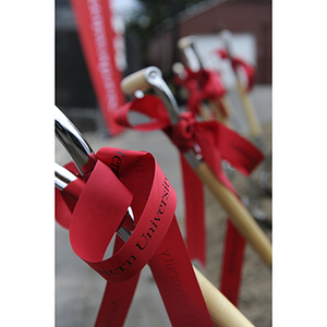 Shovels stand perched in a pile of dirt at a groundbreaking ceremony for the George J. Kostas Research Institute for Homeland Security at Northeastern University