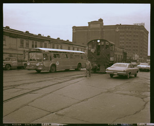 Bus and diesel locomotives, Atlantic Avenue, Boston, Mass.
