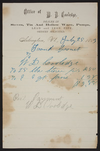 Billhead for Office of W.D. Cooledge, Arlington, Vt., dated July 25, 1883