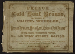 Envelope containing French Gold Leaf Bronze sample, Asahel Wheeler, dealer, No. 145 Milk Street, Boston, Mass., undated