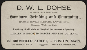 Trade card for Hamburg Grinding and Concaving, D.W.L. Dohse, 22 Bromfield Street, Boston, Mass., undated