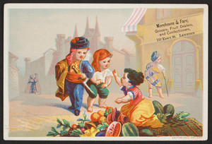 Trade card for Morehouse & Farr, grocers, fruit dealers, and confectioners, 130 Essex Street, Lawrence, Mass., undated