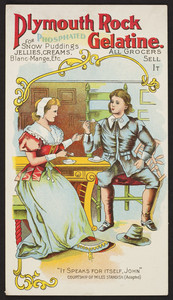 Trade card for Plymouth Rock Phosphated Gelatine, Plymouth Rock Gelatine Co., 68 Western Avenue, Boston, Mass., undated