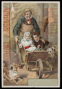 Trade card, man pushing children in a wheelbarrow, Sunshine Publishing Co., Philadelphia, Pennsylvania, undated