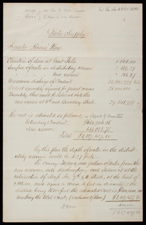 Water Supply Comparison of Plans, March 25, 1882