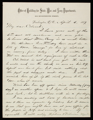 Bernard R. Green to Thomas Lincoln Casey, April 6, 1887