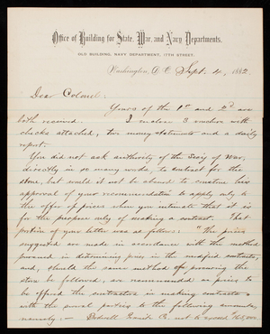 Bernard R. Green to Thomas Lincoln Casey, September 4, 1882