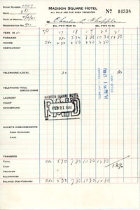 Invoice from Madison Square Hotel to Charles L. Whipple