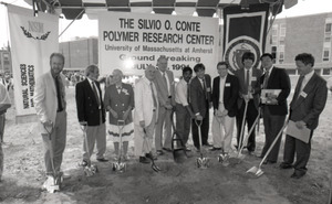 Ceremonial groundbreaking: group of polymer scientists including Corinne Conte (third from left) and Dick Stein (fourth from left)