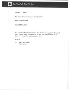 Memorandum from Mark H. McCormack to Bob Kain, Peter Johnson, Beau Delafield