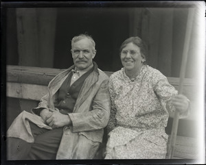 Capt. Fred Hutchins of Bucksport, who was tied up with his wife in houseboat at South Station: Fred and Dellie Hutchins, seated