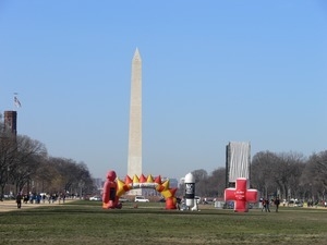 Inflatables set up on the National Mall to protest the War in Iraq, Washington Monument in the background