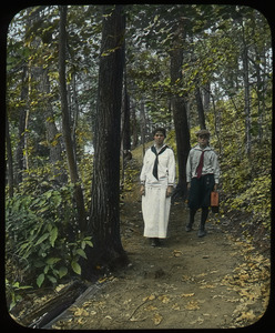 Trail on Sugarloaf (boy and girl walking on wooded trail)
