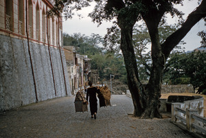 Woman carrying goods hanging on bamboo pole