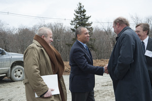 Gov. Deval Patrick (right) and Massachusetts Municipal Wholesale Electric Company CEO, Ronald Di Curzio, arriving for ribbon cutting ceremony, Berkshire Wind Power Project
