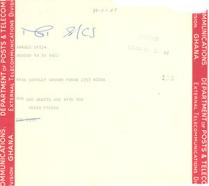 Telegram from Frieda Matthews and Helen Joseph to Shirley Graham Du Bois
