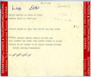 Telegram from Esther Jackson to Shirley Graham Du Bois