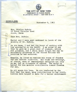 Letter from Madison S. Jones to Shirley Graham Du Bois