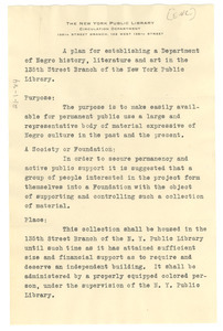 Plan for establishing a Department of Negro history, literature and art in the 135th Street Branch of the New York Public Library